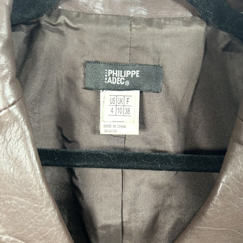 Philippe Adec Womens Button Notched Lapel Leather Jacket Brown Vintage Size 4 - Picture 2 of 7